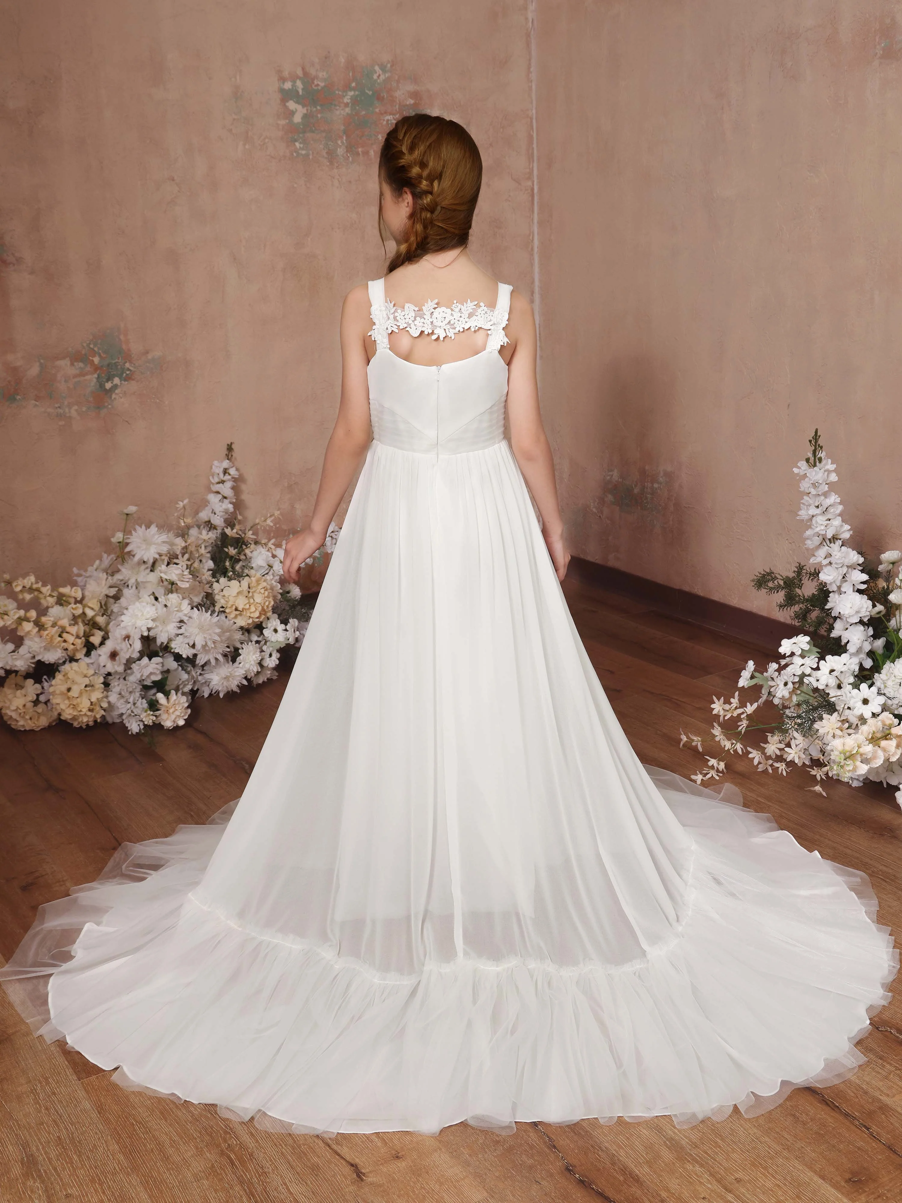 A-Line/Princess Tulle Sleeveless Square Neck Floor-Length Flower Girl Dresses - Image 4