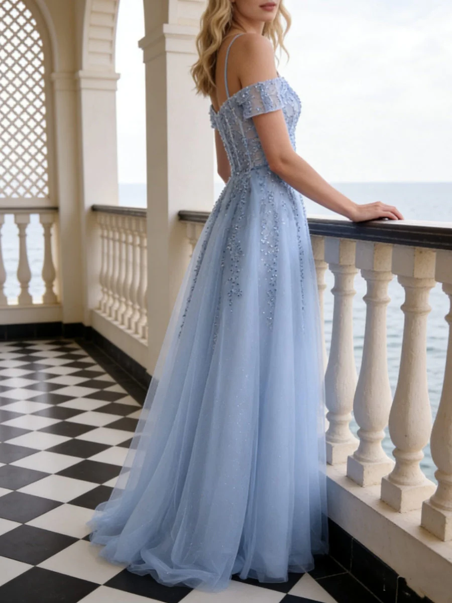A-Line/Princess Tulle Sweetheart Prom Dresses Floor-Length Lace Spaghetti Straps Formal Dresses - Image 2