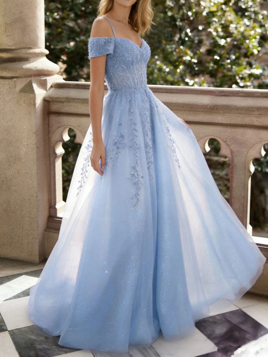A-Line/Princess Tulle Sweetheart Prom Dresses Floor-Length Lace Spaghetti Straps Formal Dresses - Image 3