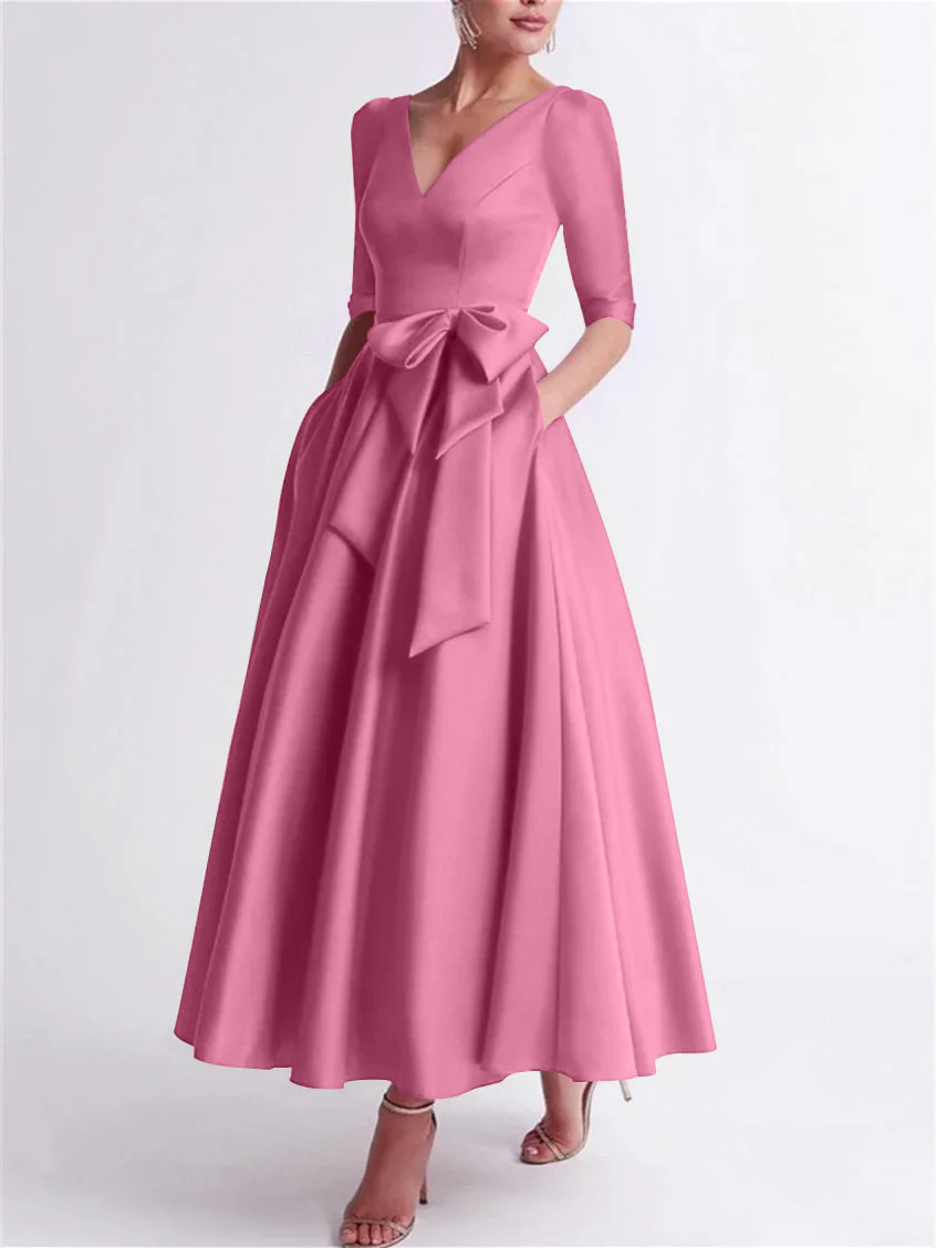 A-Line/Princess V Neck 3/4 Length Sleeve Tea Length Satin Mother of the Bride Dresses with Bow(s) - Image 10