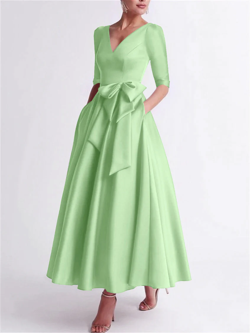 A-Line/Princess V Neck 3/4 Length Sleeve Tea Length Satin Mother of the Bride Dresses with Bow(s) - Image 11