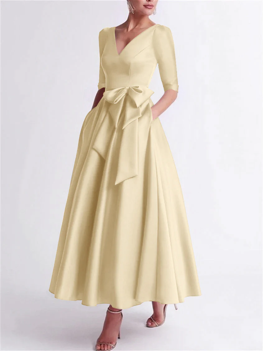 A-Line/Princess V Neck 3/4 Length Sleeve Tea Length Satin Mother of the Bride Dresses with Bow(s) - Image 12