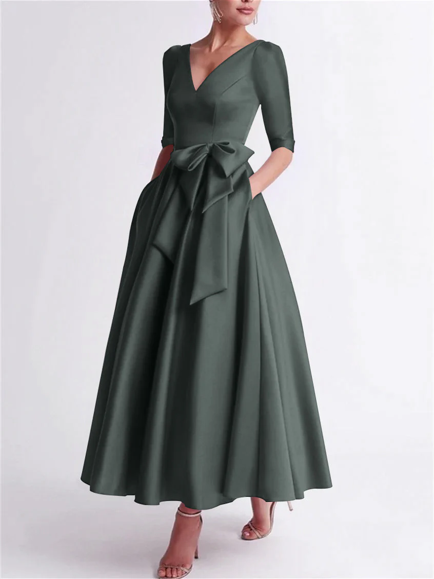A-Line/Princess V Neck 3/4 Length Sleeve Tea Length Satin Mother of the Bride Dresses with Bow(s) - Image 13