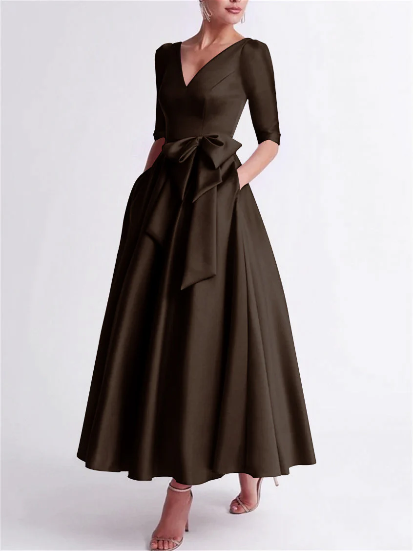 A-Line/Princess V Neck 3/4 Length Sleeve Tea Length Satin Mother of the Bride Dresses with Bow(s) - Image 14