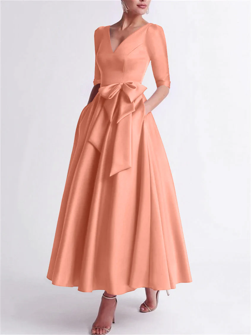 A-Line/Princess V Neck 3/4 Length Sleeve Tea Length Satin Mother of the Bride Dresses with Bow(s) - Image 15