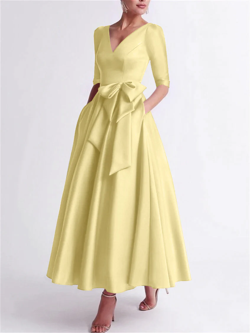 A-Line/Princess V Neck 3/4 Length Sleeve Tea Length Satin Mother of the Bride Dresses with Bow(s) - Image 16
