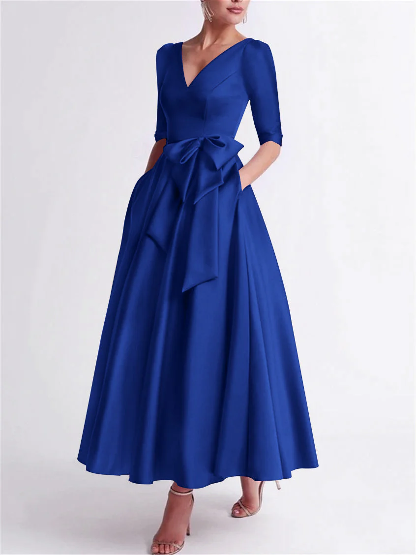 A-Line/Princess V Neck 3/4 Length Sleeve Tea Length Satin Mother of the Bride Dresses with Bow(s) - Image 18