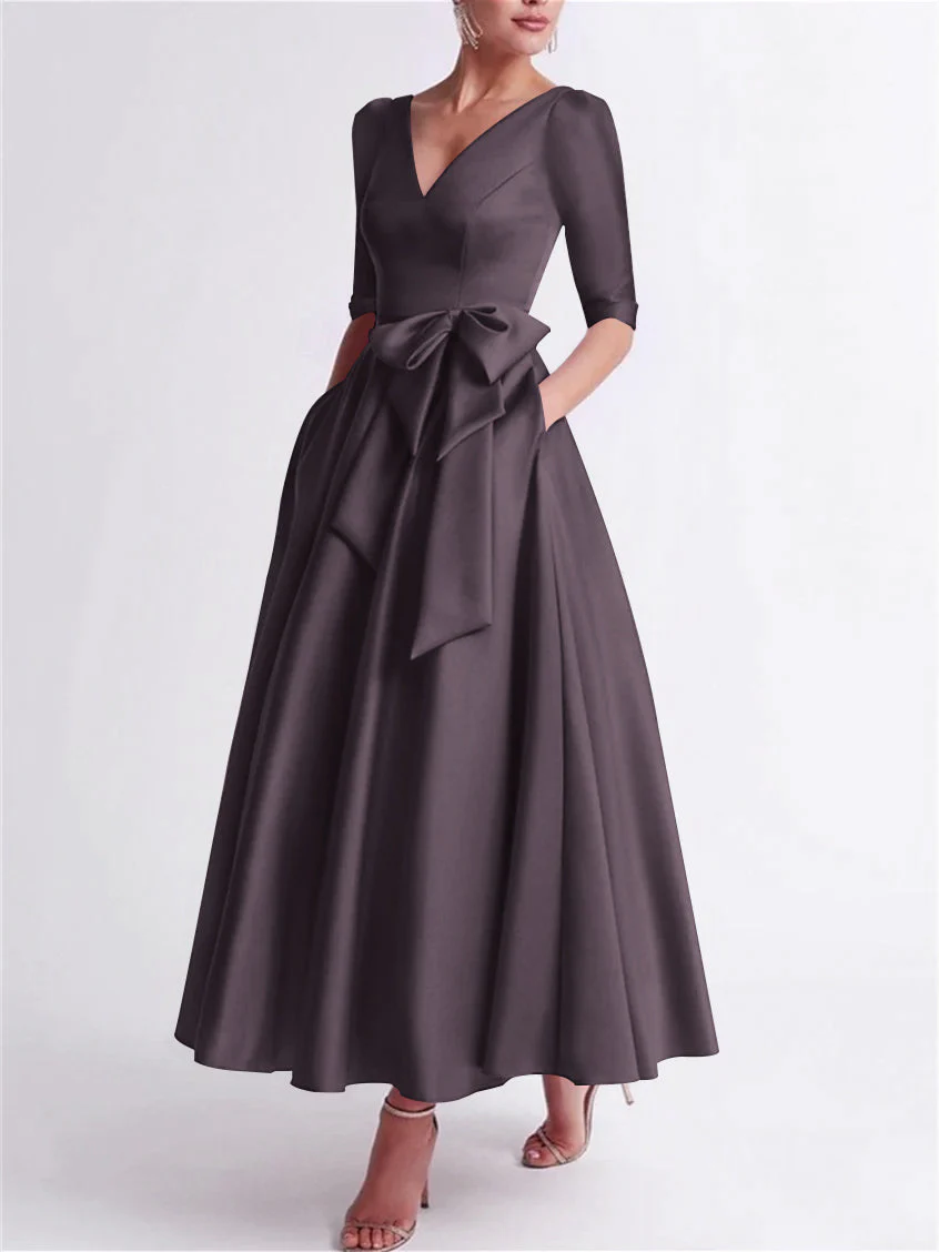 A-Line/Princess V Neck 3/4 Length Sleeve Tea Length Satin Mother of the Bride Dresses with Bow(s) - Image 19