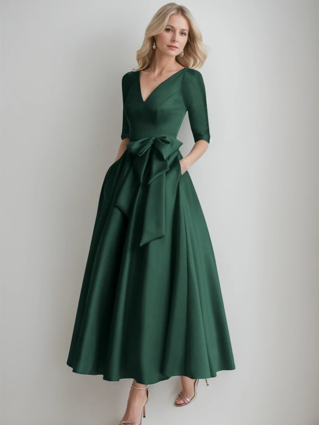 A-Line/Princess V Neck 3/4 Length Sleeve Tea Length Satin Mother of the Bride Dresses with Bow(s) - Image 2