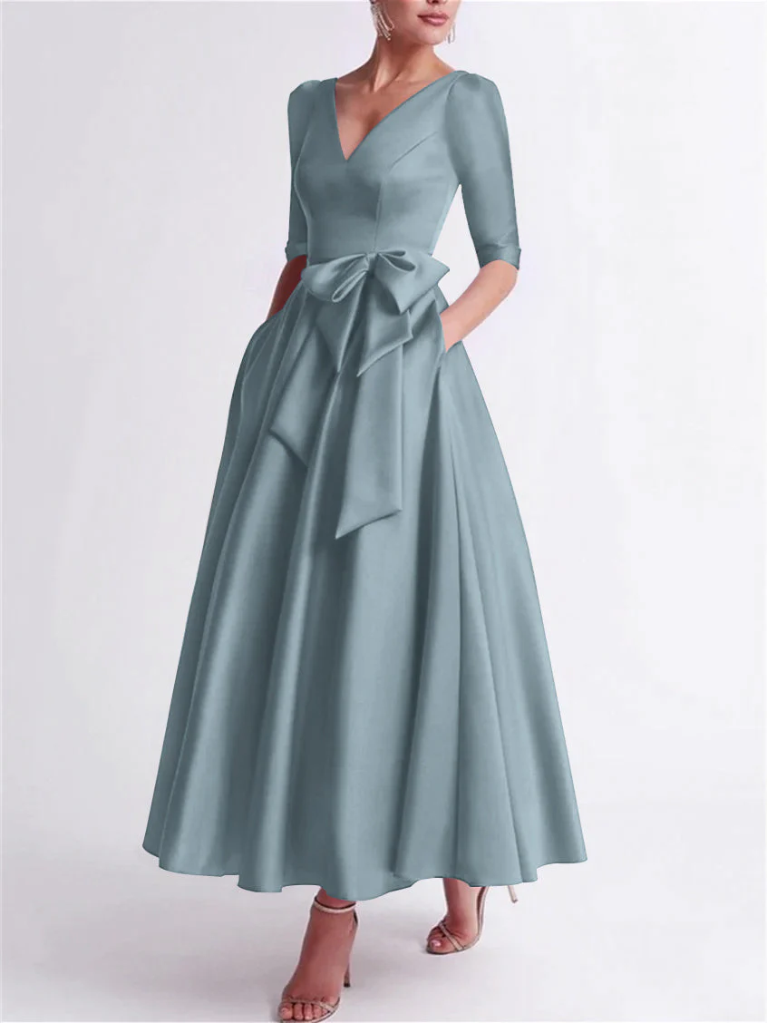 A-Line/Princess V Neck 3/4 Length Sleeve Tea Length Satin Mother of the Bride Dresses with Bow(s) - Image 20