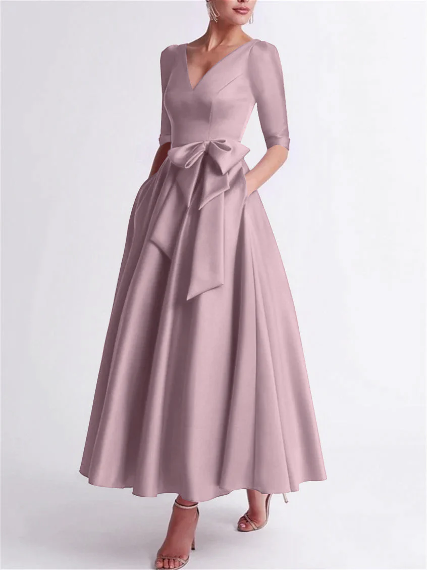 A-Line/Princess V Neck 3/4 Length Sleeve Tea Length Satin Mother of the Bride Dresses with Bow(s) - Image 21