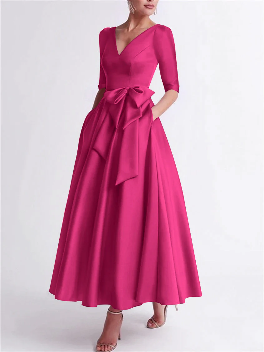 A-Line/Princess V Neck 3/4 Length Sleeve Tea Length Satin Mother of the Bride Dresses with Bow(s) - Image 22