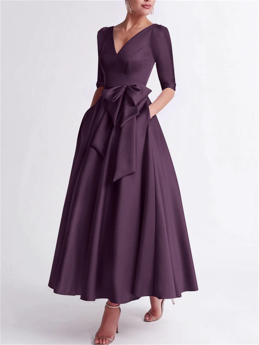 A-Line/Princess V Neck 3/4 Length Sleeve Tea Length Satin Mother of the Bride Dresses with Bow(s) - Image 24