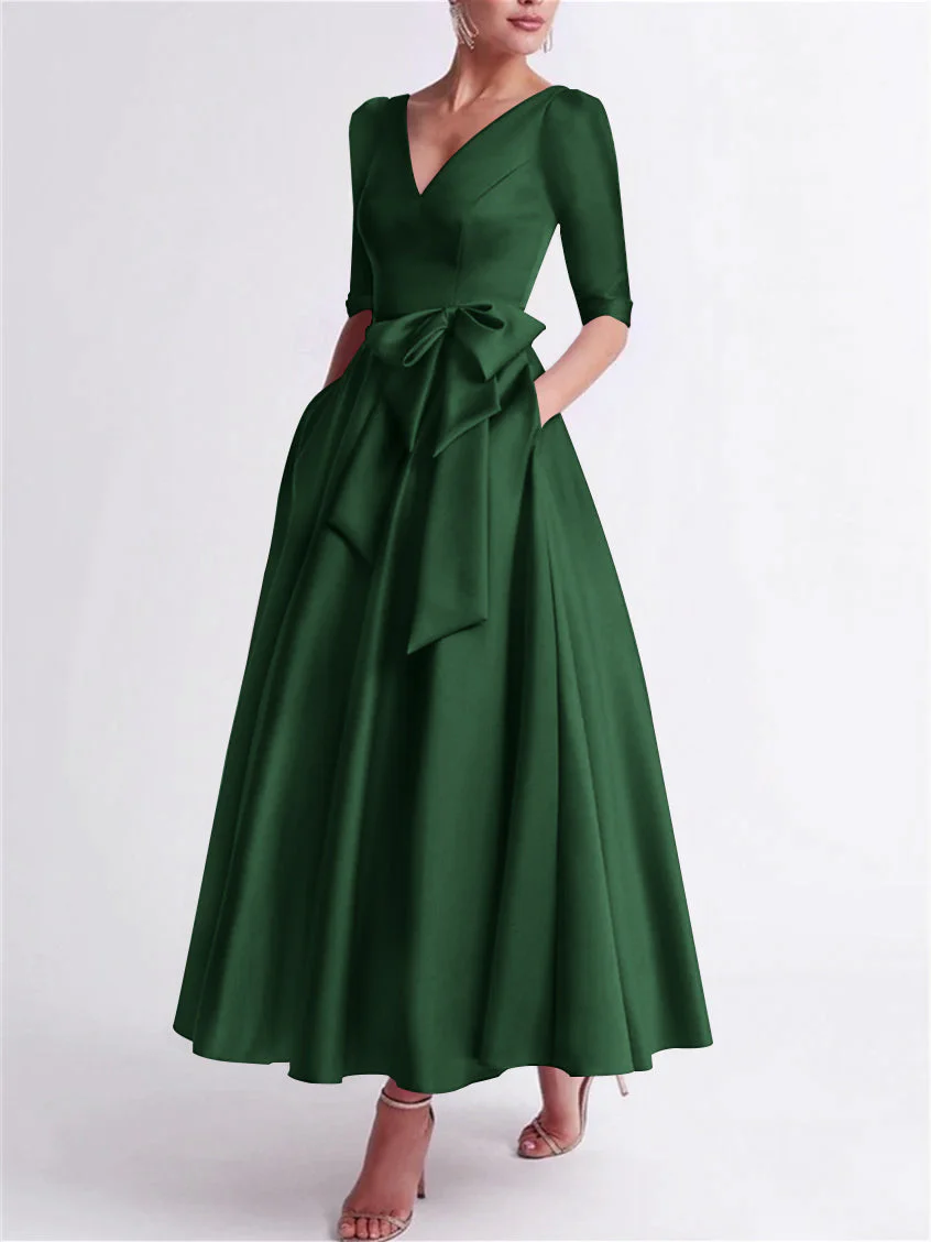 A-Line/Princess V Neck 3/4 Length Sleeve Tea Length Satin Mother of the Bride Dresses with Bow(s) - Image 25