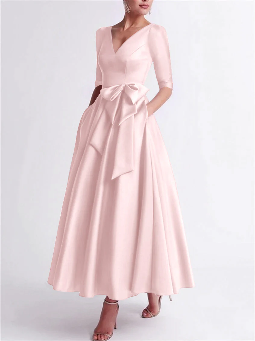 A-Line/Princess V Neck 3/4 Length Sleeve Tea Length Satin Mother of the Bride Dresses with Bow(s) - Image 26