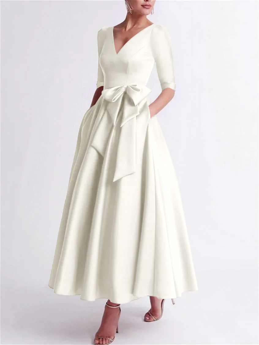 A-Line/Princess V Neck 3/4 Length Sleeve Tea Length Satin Mother of the Bride Dresses with Bow(s) - Image 27