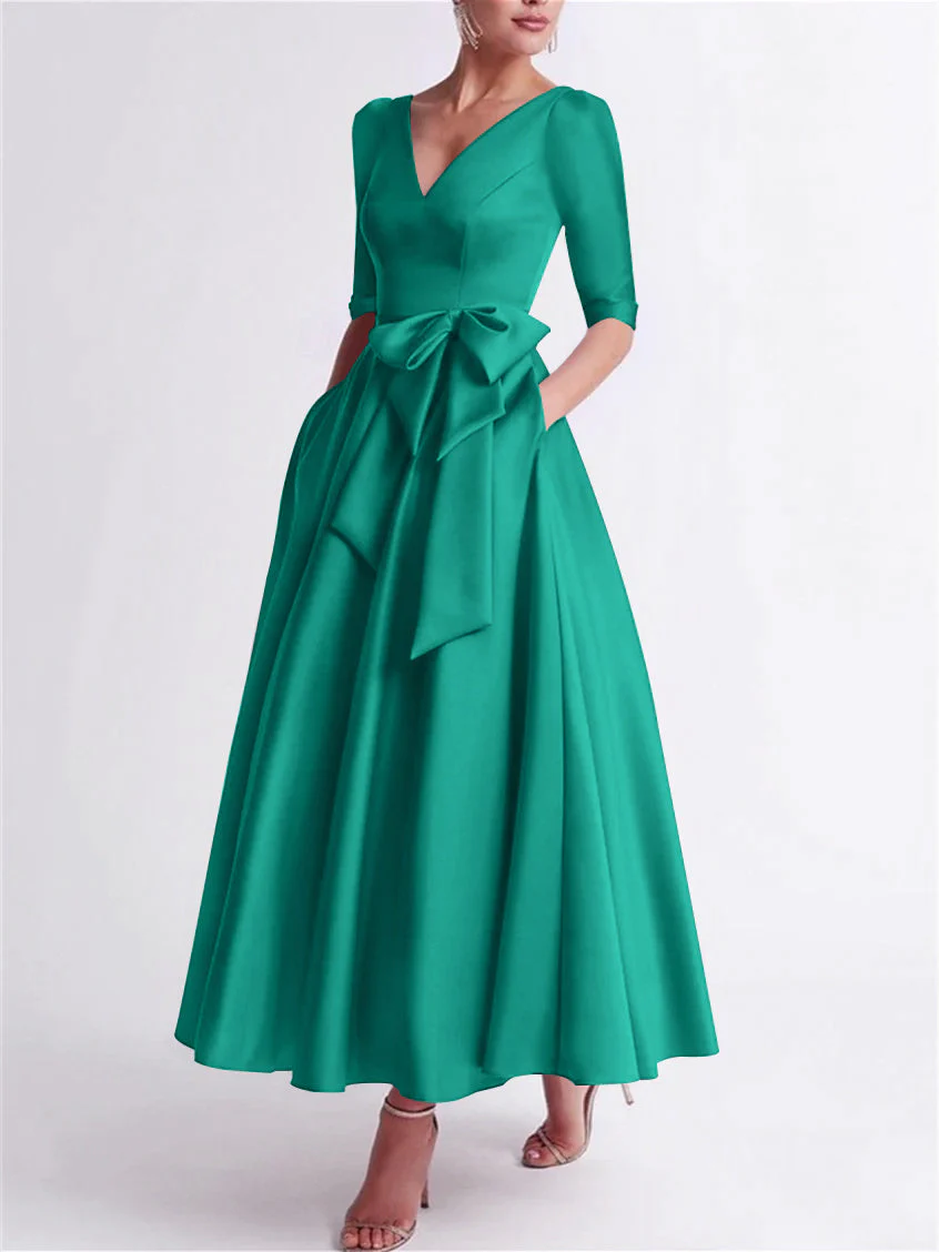 A-Line/Princess V Neck 3/4 Length Sleeve Tea Length Satin Mother of the Bride Dresses with Bow(s) - Image 28