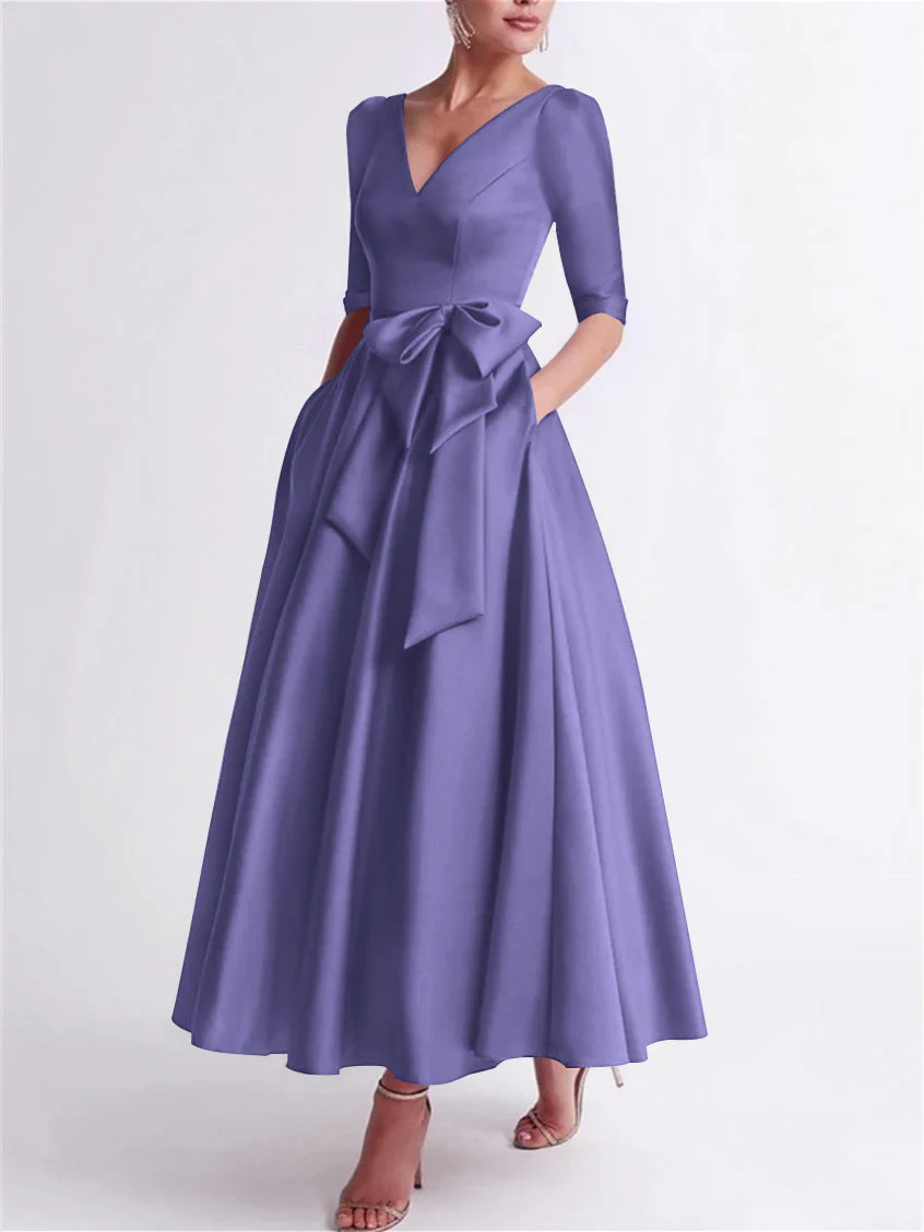 A-Line/Princess V Neck 3/4 Length Sleeve Tea Length Satin Mother of the Bride Dresses with Bow(s) - Image 29