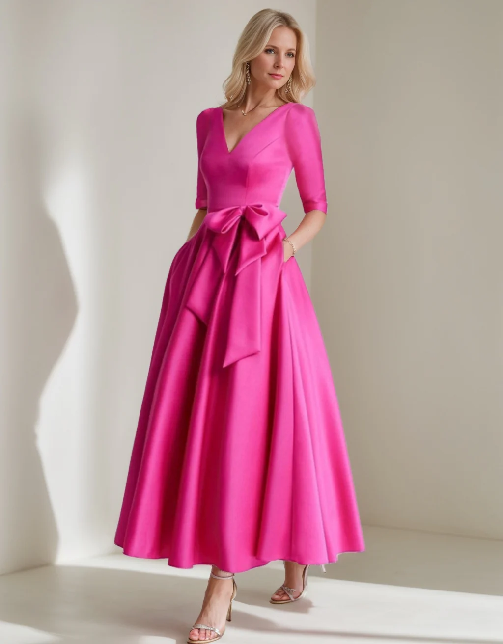 A-Line/Princess V Neck 3/4 Length Sleeve Tea Length Satin Mother of the Bride Dresses with Bow(s) - Image 3