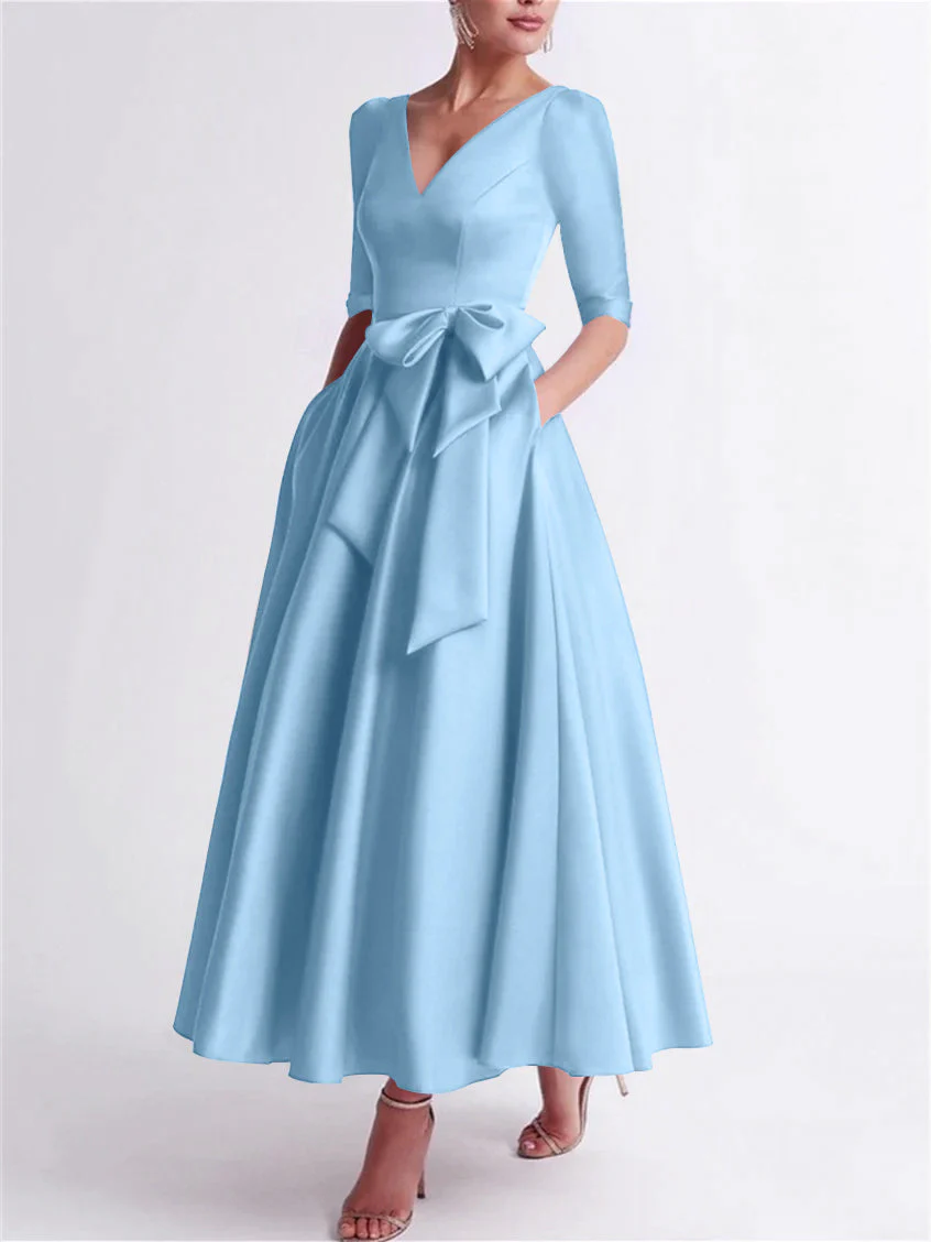 A-Line/Princess V Neck 3/4 Length Sleeve Tea Length Satin Mother of the Bride Dresses with Bow(s) - Image 30