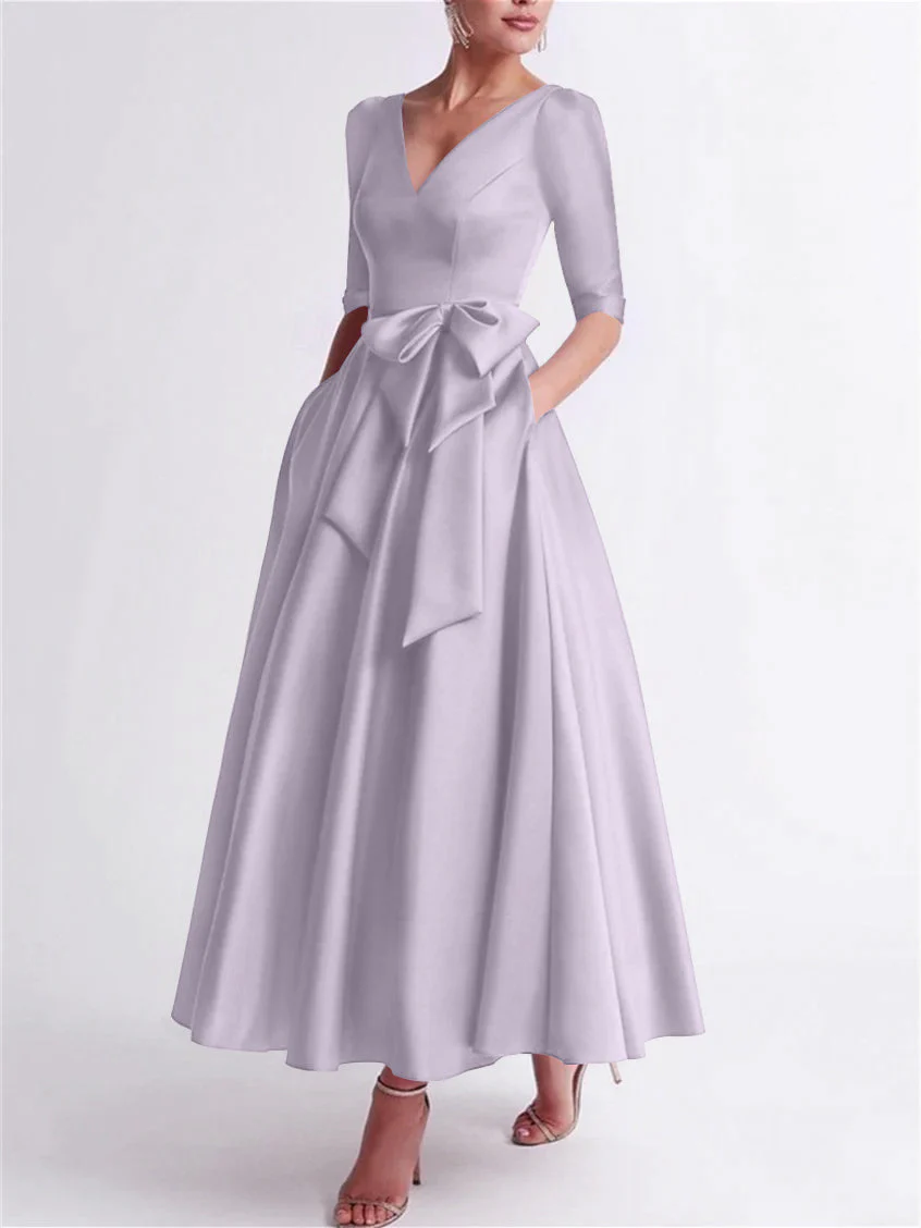 A-Line/Princess V Neck 3/4 Length Sleeve Tea Length Satin Mother of the Bride Dresses with Bow(s) - Image 31