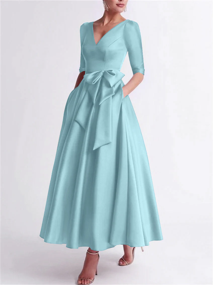 A-Line/Princess V Neck 3/4 Length Sleeve Tea Length Satin Mother of the Bride Dresses with Bow(s) - Image 32