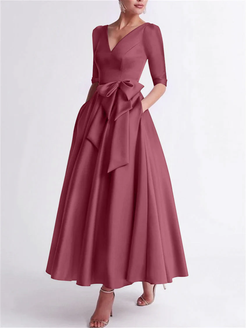 A-Line/Princess V Neck 3/4 Length Sleeve Tea Length Satin Mother of the Bride Dresses with Bow(s) - Image 33