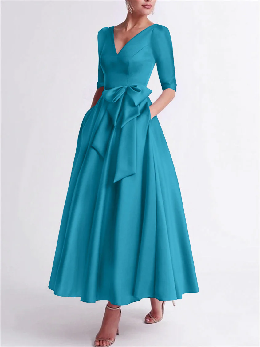 A-Line/Princess V Neck 3/4 Length Sleeve Tea Length Satin Mother of the Bride Dresses with Bow(s) - Image 34