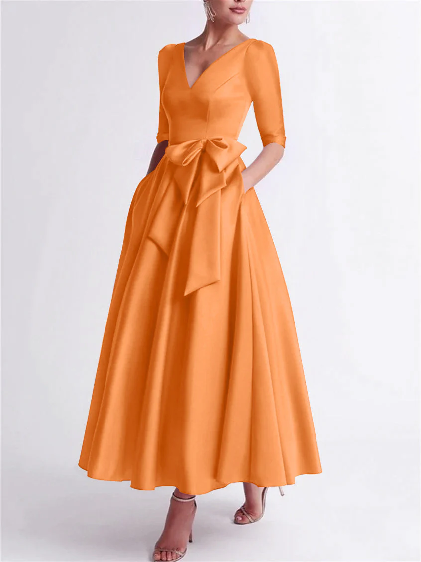 A-Line/Princess V Neck 3/4 Length Sleeve Tea Length Satin Mother of the Bride Dresses with Bow(s) - Image 35