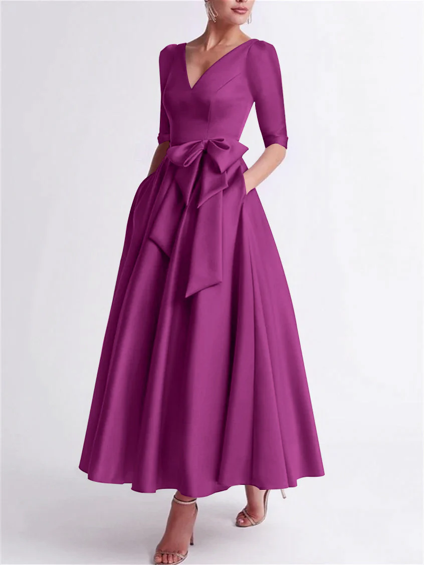 A-Line/Princess V Neck 3/4 Length Sleeve Tea Length Satin Mother of the Bride Dresses with Bow(s) - Image 36