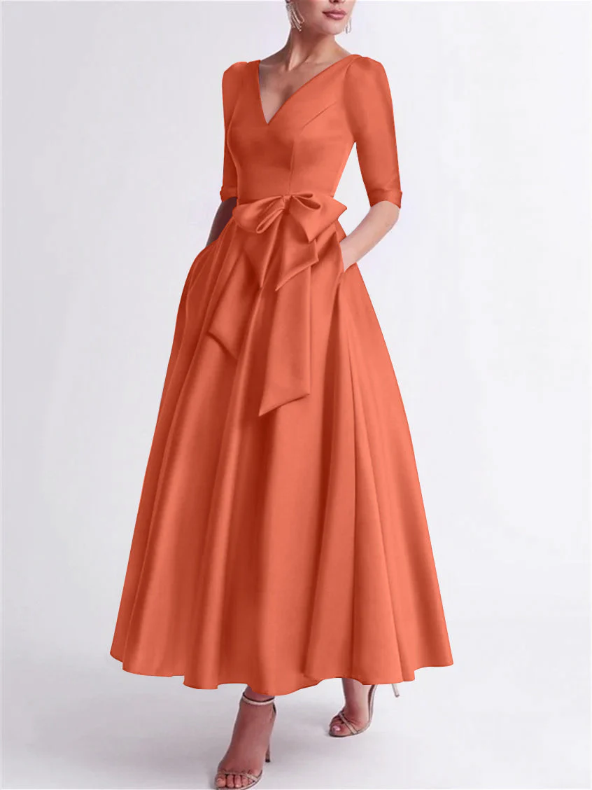 A-Line/Princess V Neck 3/4 Length Sleeve Tea Length Satin Mother of the Bride Dresses with Bow(s) - Image 37