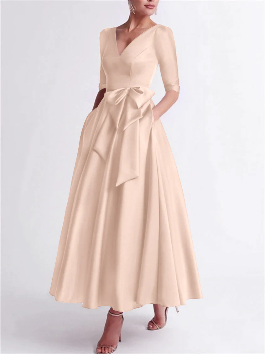A-Line/Princess V Neck 3/4 Length Sleeve Tea Length Satin Mother of the Bride Dresses with Bow(s) - Image 38