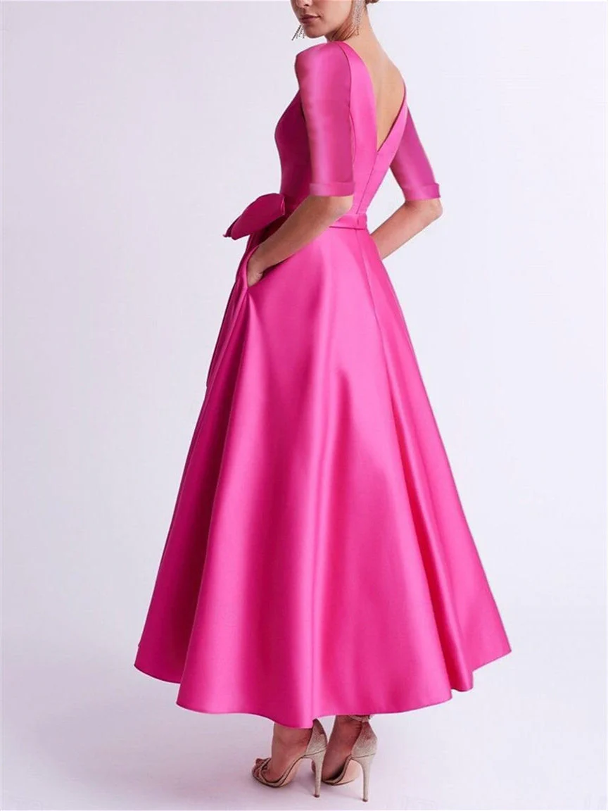 A-Line/Princess V Neck 3/4 Length Sleeve Tea Length Satin Mother of the Bride Dresses with Bow(s) - Image 4