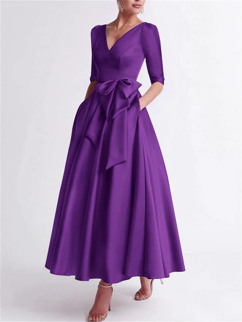 A-Line/Princess V Neck 3/4 Length Sleeve Tea Length Satin Mother of the Bride Dresses with Bow(s) - Image 40