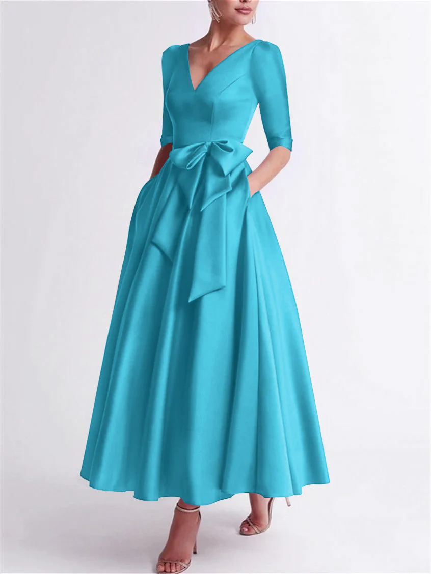 A-Line/Princess V Neck 3/4 Length Sleeve Tea Length Satin Mother of the Bride Dresses with Bow(s) - Image 41
