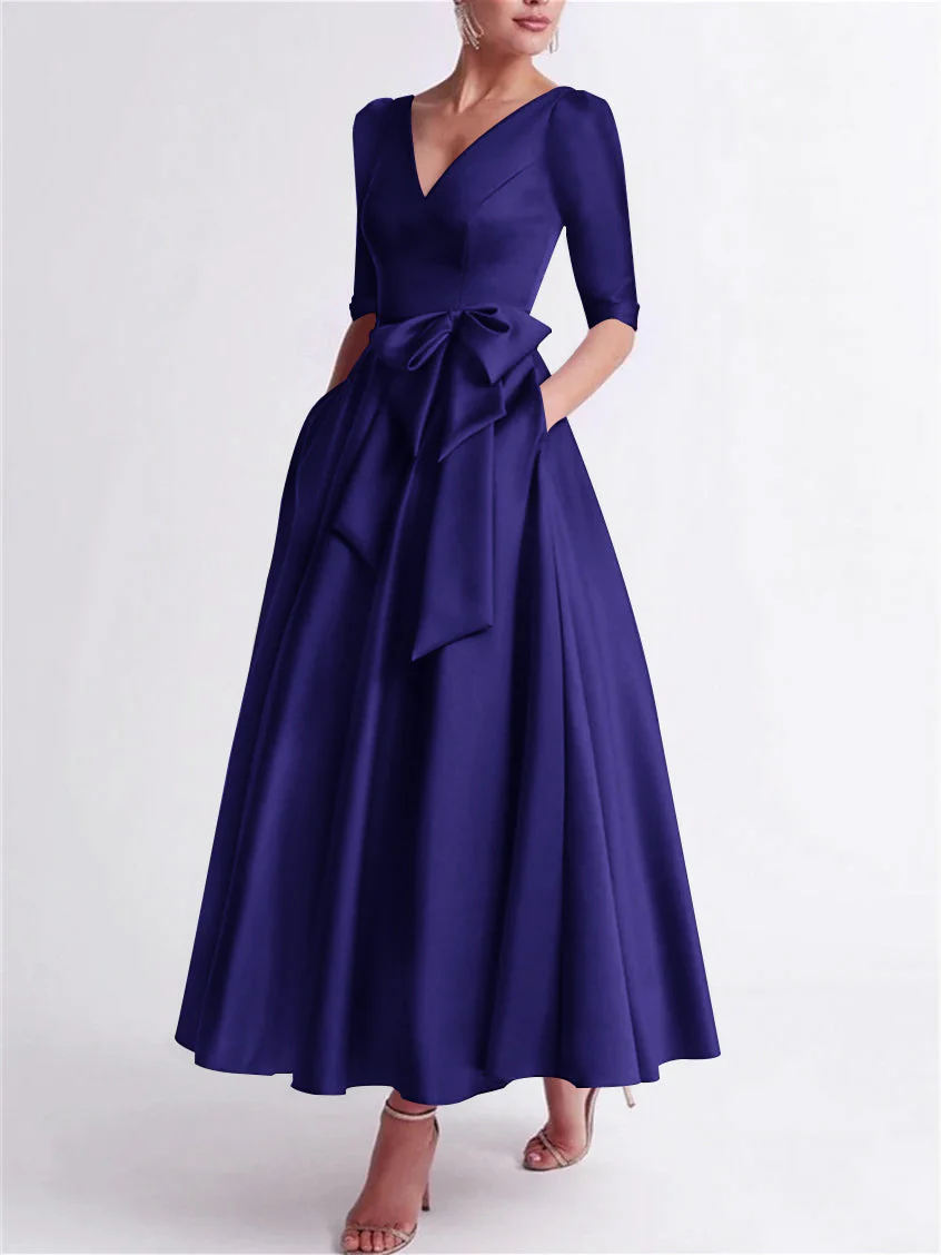 A-Line/Princess V Neck 3/4 Length Sleeve Tea Length Satin Mother of the Bride Dresses with Bow(s) - Image 42