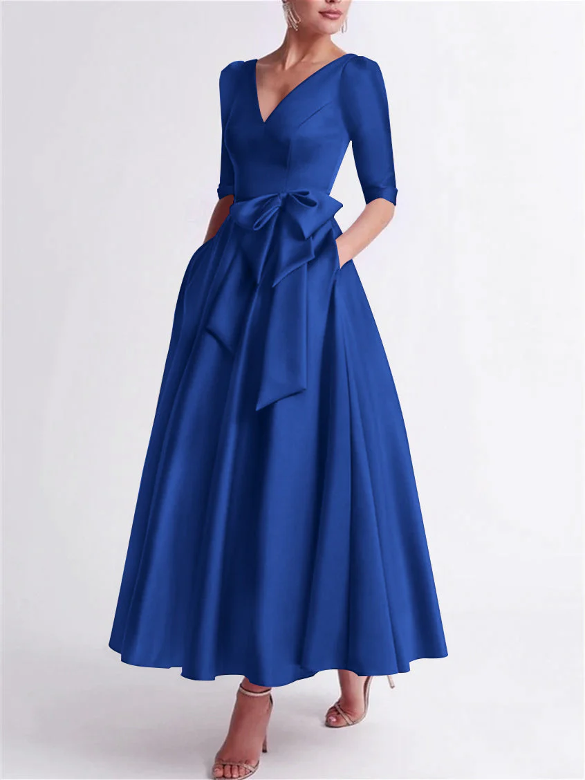 A-Line/Princess V Neck 3/4 Length Sleeve Tea Length Satin Mother of the Bride Dresses with Bow(s) - Image 43