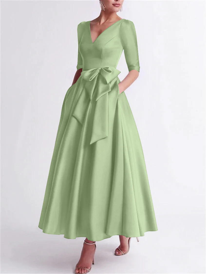 A-Line/Princess V Neck 3/4 Length Sleeve Tea Length Satin Mother of the Bride Dresses with Bow(s) - Image 44