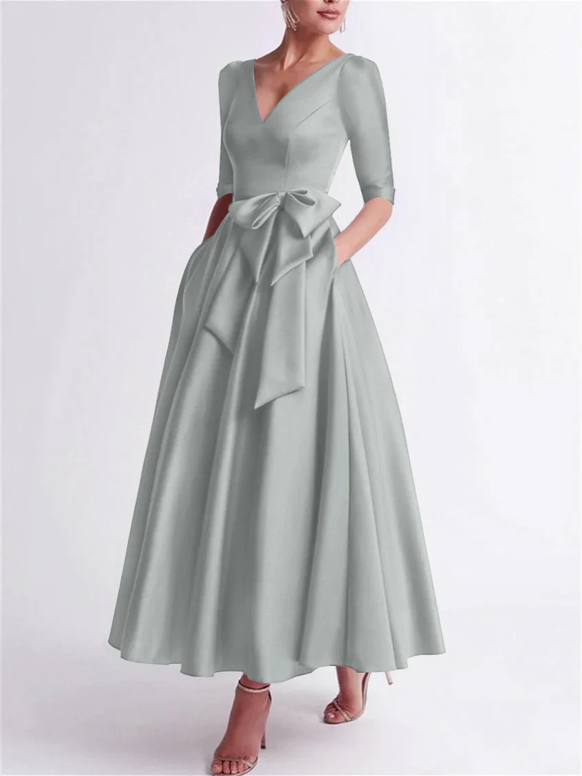 A-Line/Princess V Neck 3/4 Length Sleeve Tea Length Satin Mother of the Bride Dresses with Bow(s) - Image 45