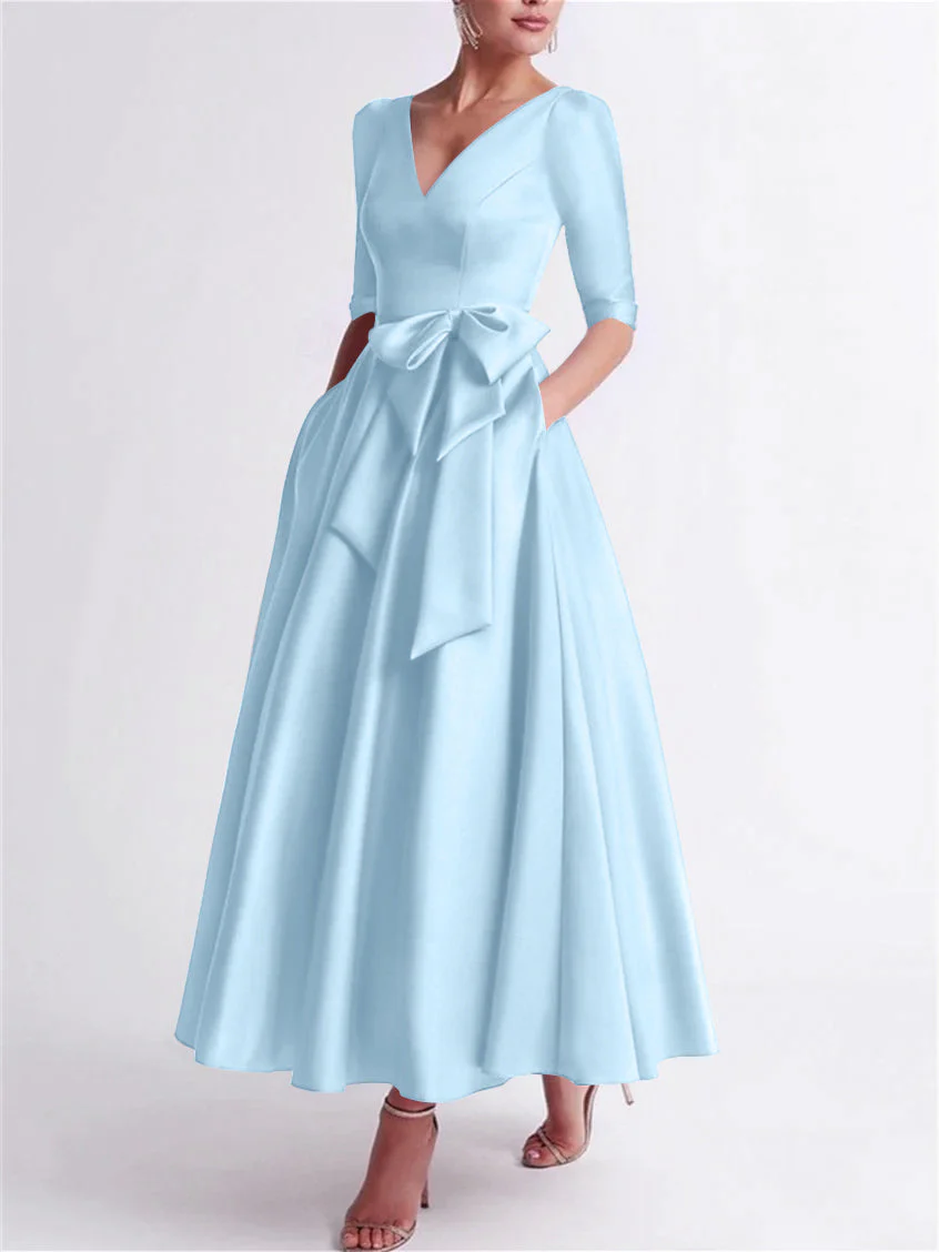 A-Line/Princess V Neck 3/4 Length Sleeve Tea Length Satin Mother of the Bride Dresses with Bow(s) - Image 46