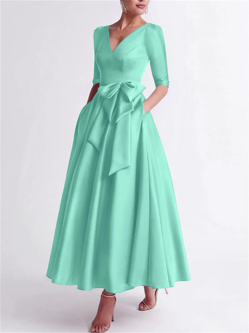A-Line/Princess V Neck 3/4 Length Sleeve Tea Length Satin Mother of the Bride Dresses with Bow(s) - Image 47