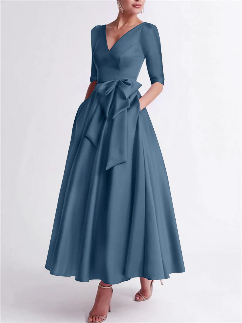 A-Line/Princess V Neck 3/4 Length Sleeve Tea Length Satin Mother of the Bride Dresses with Bow(s) - Image 48