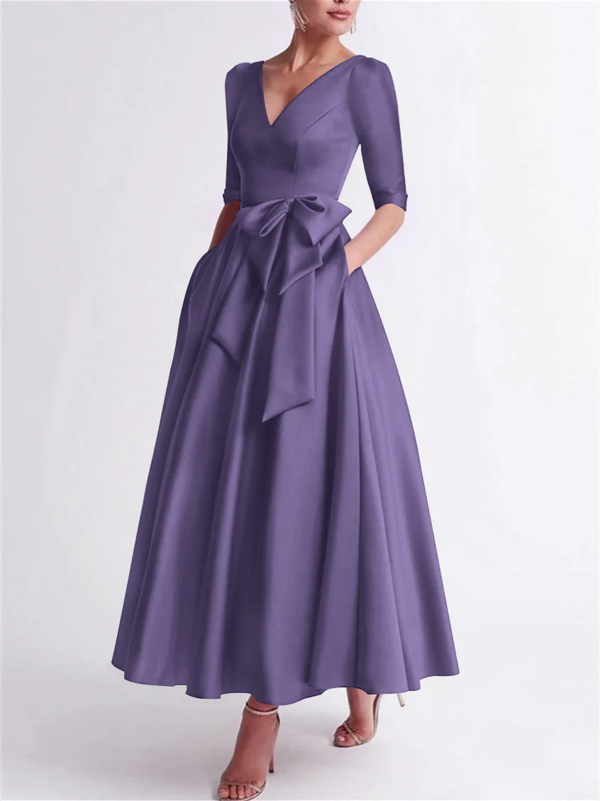 A-Line/Princess V Neck 3/4 Length Sleeve Tea Length Satin Mother of the Bride Dresses with Bow(s) - Image 49