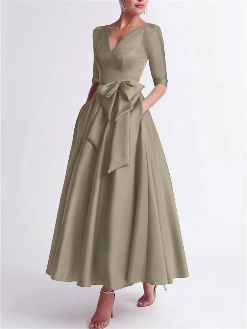 A-Line/Princess V Neck 3/4 Length Sleeve Tea Length Satin Mother of the Bride Dresses with Bow(s) - Image 50