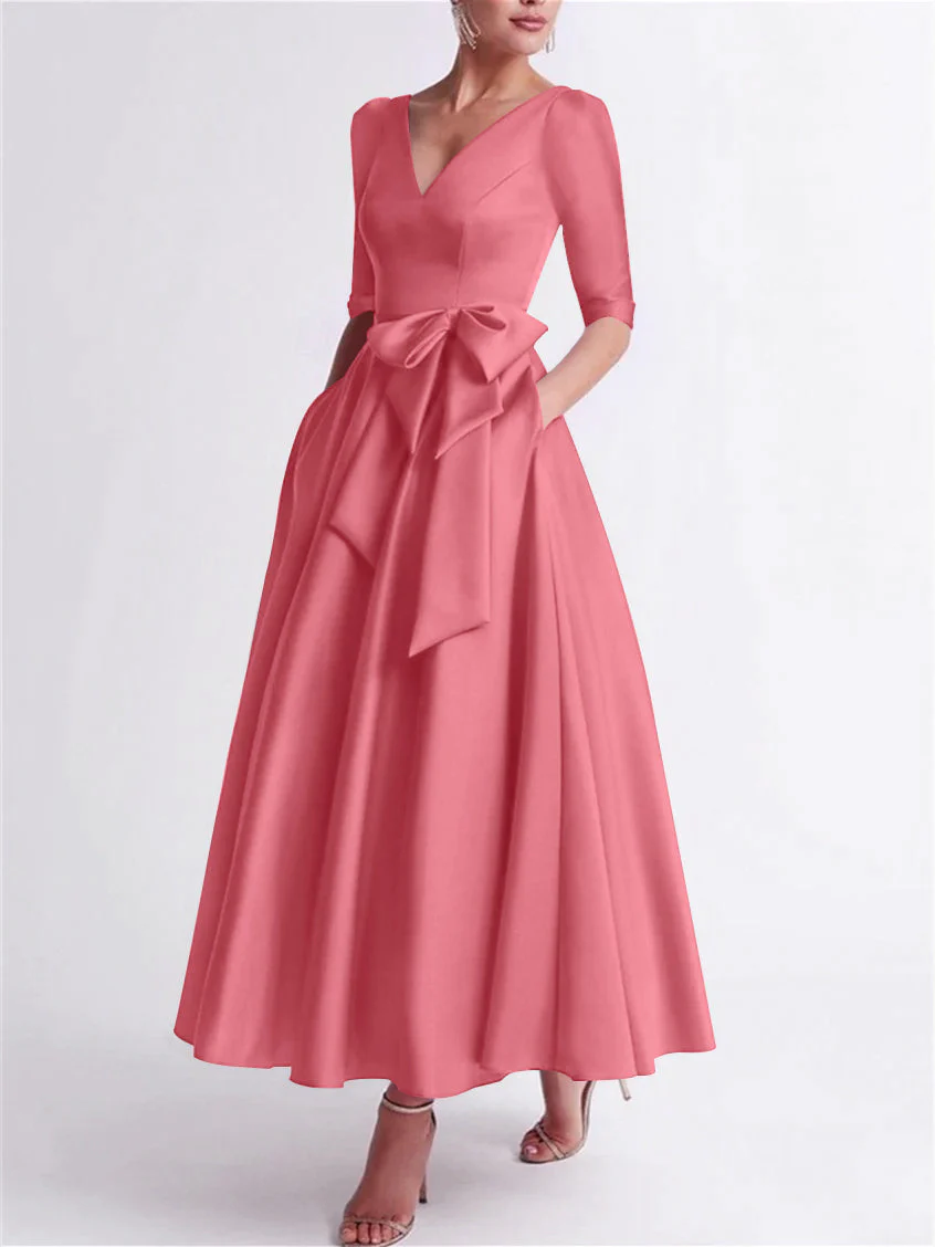A-Line/Princess V Neck 3/4 Length Sleeve Tea Length Satin Mother of the Bride Dresses with Bow(s) - Image 51
