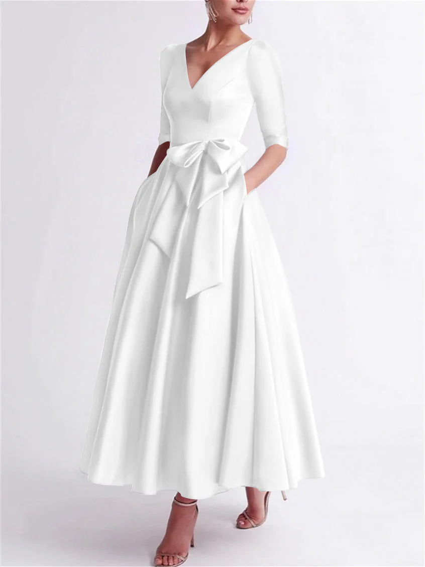 A-Line/Princess V Neck 3/4 Length Sleeve Tea Length Satin Mother of the Bride Dresses with Bow(s) - Image 52