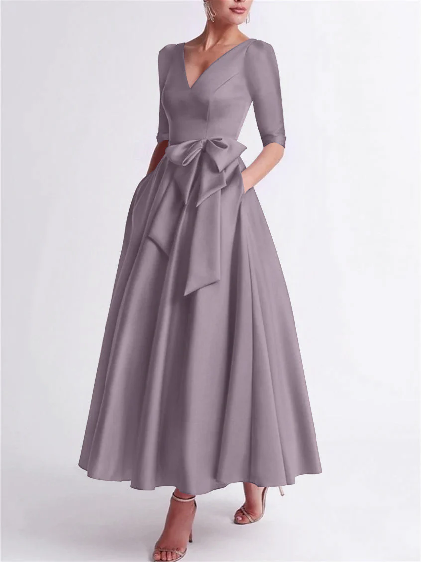 A-Line/Princess V Neck 3/4 Length Sleeve Tea Length Satin Mother of the Bride Dresses with Bow(s) - Image 53