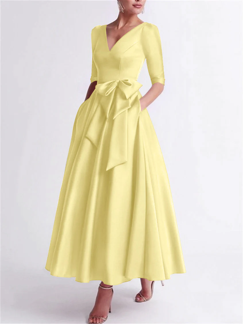 A-Line/Princess V Neck 3/4 Length Sleeve Tea Length Satin Mother of the Bride Dresses with Bow(s) - Image 54