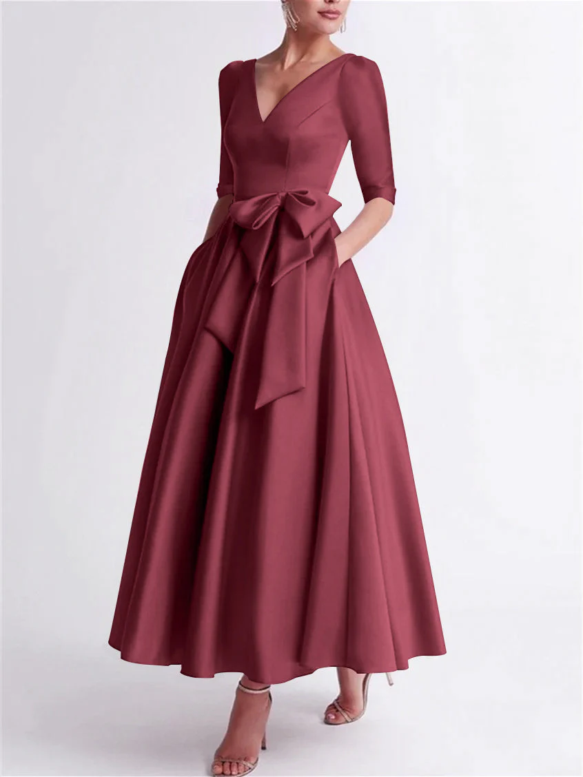 A-Line/Princess V Neck 3/4 Length Sleeve Tea Length Satin Mother of the Bride Dresses with Bow(s) - Image 55