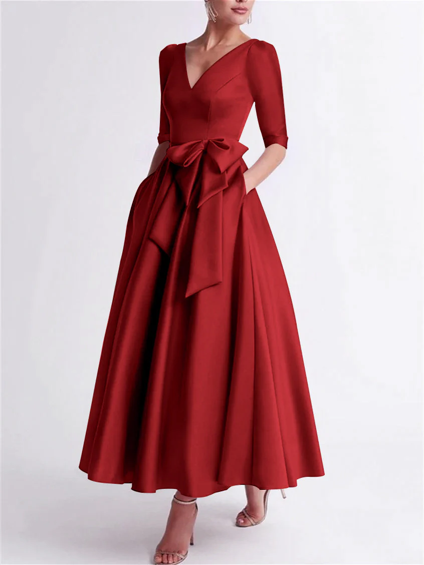 A-Line/Princess V Neck 3/4 Length Sleeve Tea Length Satin Mother of the Bride Dresses with Bow(s) - Image 56